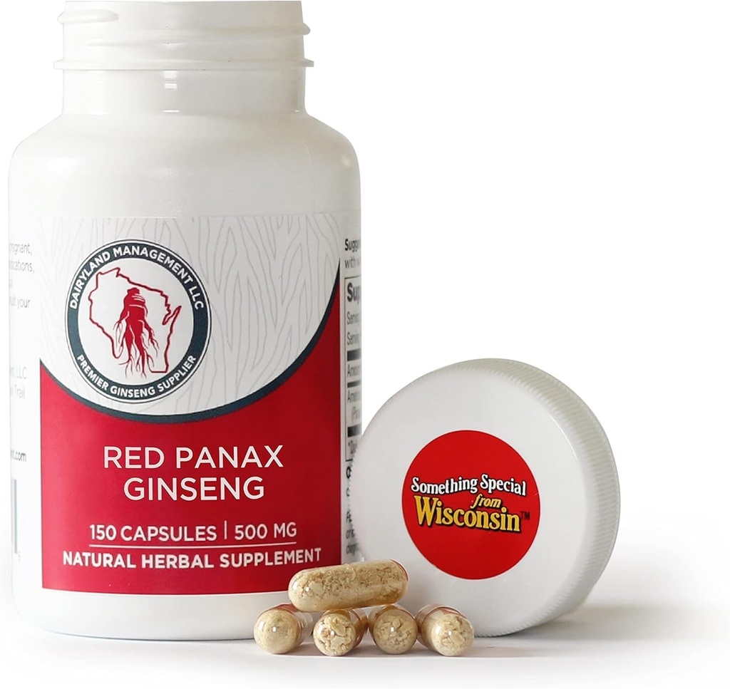 Dairyland Management LLC 100% Authentic Korean Red Panax Ginseng Capsules -500 mg. Potent Ground Ginseng Root Extract Powder - No Fillers, Binders or Other Additives. (150 ct)