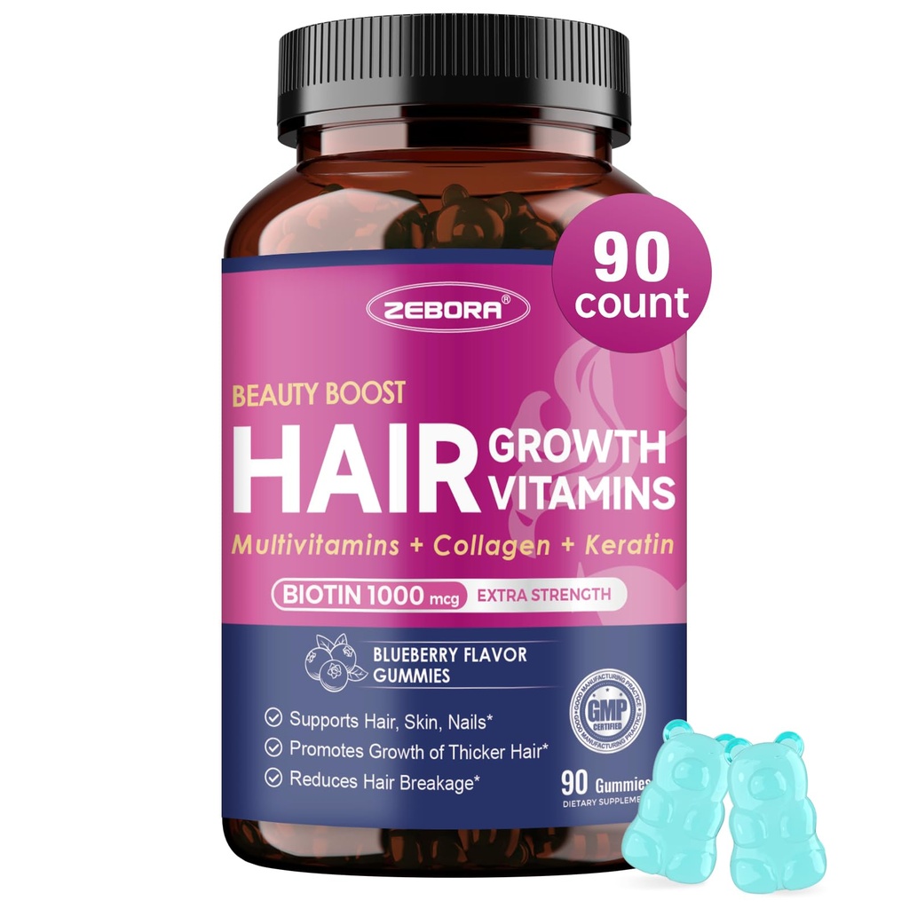 ZEBORA Hair Growth Vitamins with Biotin, Keratin & Collagen - Biotin Gummies with Beauty Support Blend for Hair, Skin & Nails - Vegan Hair Vitamins for Women & Men - 90 Blueberry Gummies, Non-GMO