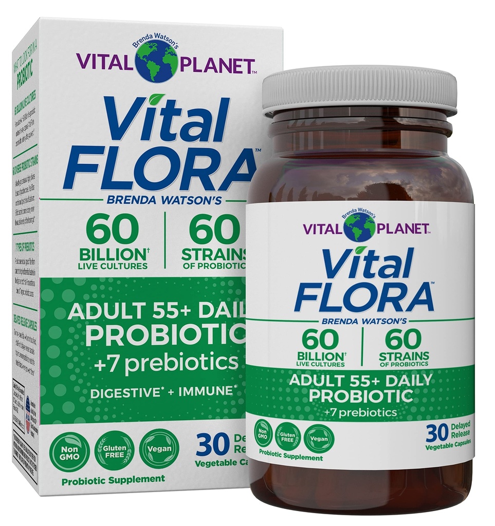 Vital Planet - Vital Flora Ενήλικες Πάνω από 50 Καθημερινή Προβιοτική 60 Δισεκατομμύρια CFU, 60 Diverse Strains, 7 Βιολογικά Πρεβιοτικά, Ανοσολογική Υποστήριξη, Αέριο, Πνευστική Υγεία Προβιοτικά για γυναίκες και άνδρες, 30 Κάψουλες