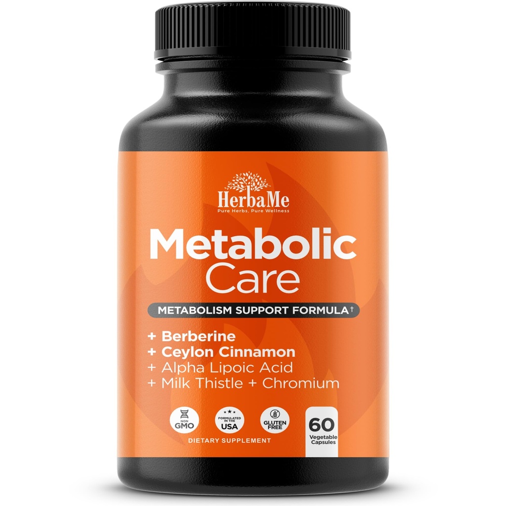 HerbaMe Berberine Supplement with Ceylon Cinnamon, Chromium, Alpha Lipoic Acid, Metabolic Care Supports Metabolism & Cardiovascular Health and Immune System, Helps Maintain Steady Energy Levels