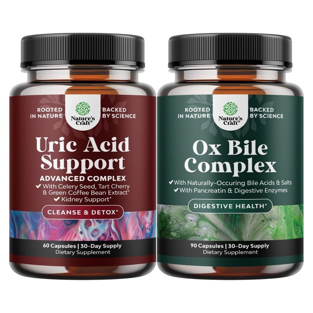 Bundle of Green Coffee Bean Extract for Uric Acid Cleanse & Detox with Turmeric, Tart Cherry & Celery Seed and Digestive Enzymes with Ox Bile with Trypsin Papain Bromelain Enzyme for Pancrease Cleanse