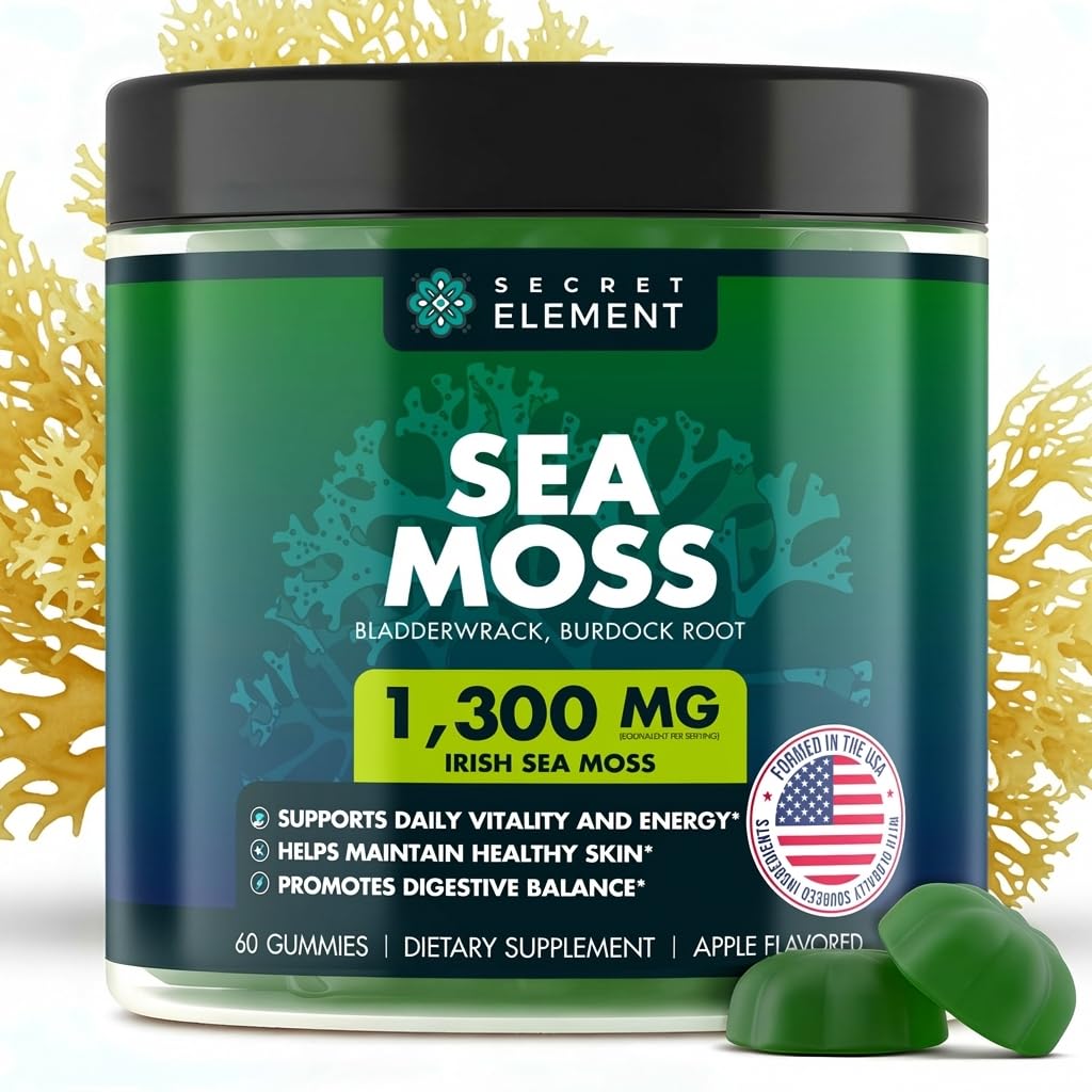 Secret Element Sea Moss Gummies with Bladderwrack & Burdock Root – 65 mg Sea Moss per Serving for Women and Men, Vegan, Sugar Free, Non-GMO, Apple Flavor, 60 Gummies (30 Servings)
