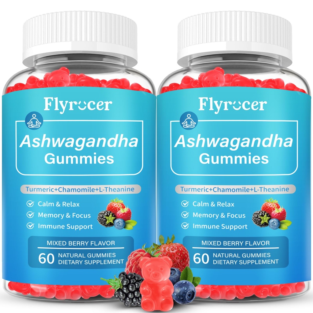 2 Pack Ashwagandha Gummies, Organic Ashwa Root Extract Supplement for Women & Men, Vegan, Gluten-Free, Mixed Berry Flavor, 120 Count