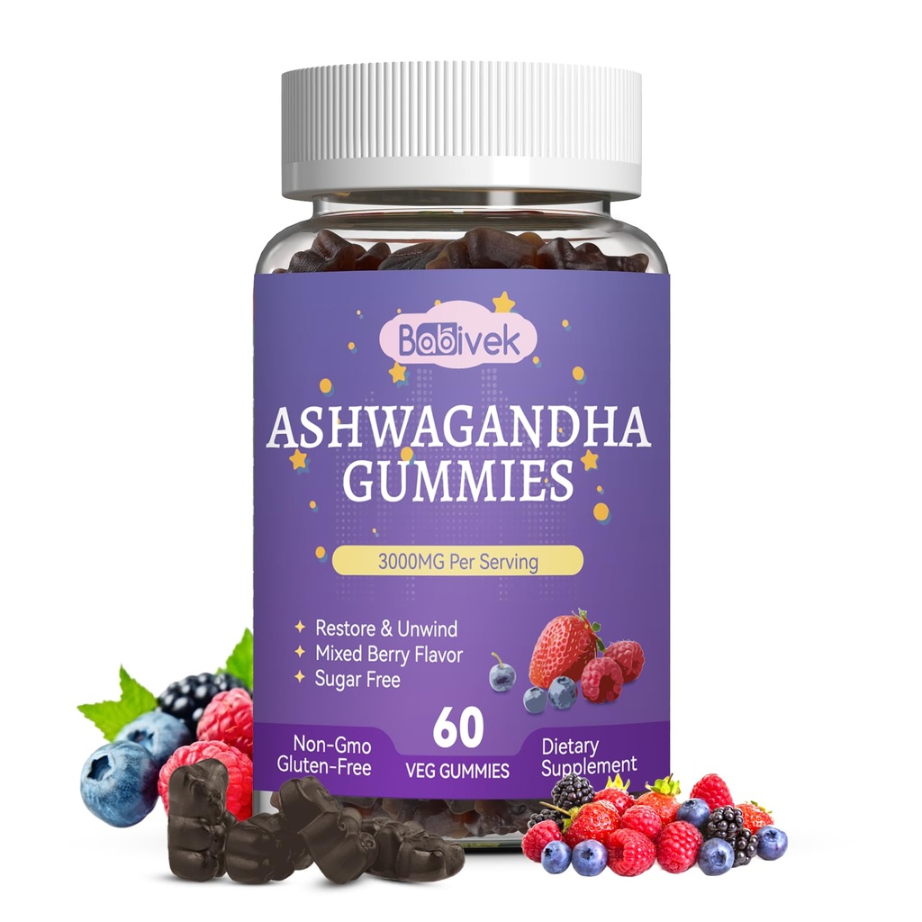 Ashwagandha Gummies 3000mg - 60 Count (30-Day Supply) for Stress Relief & Immune Support with Maca, L-Theanine, GABA, Turmeric - Mixed Berry Flavor