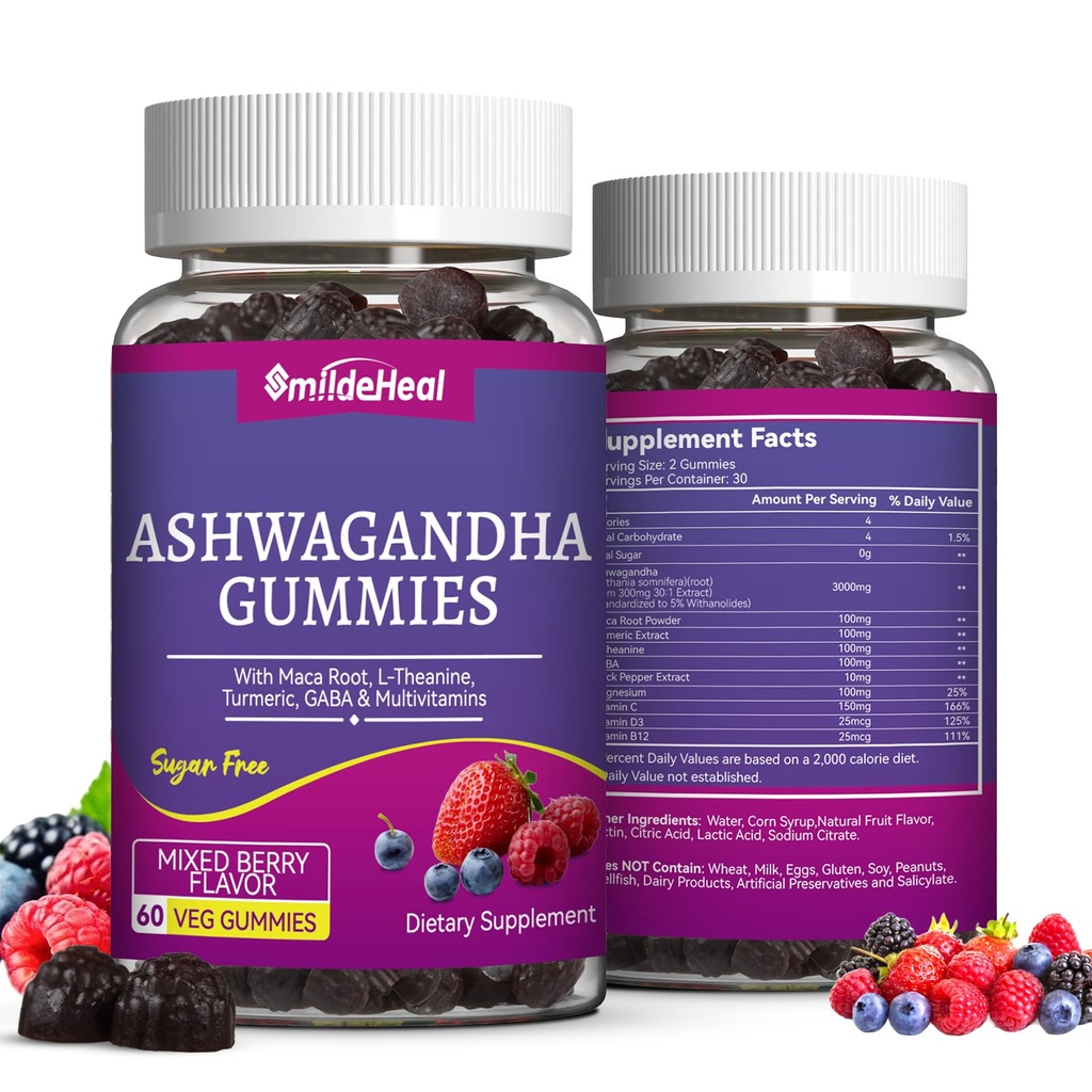 Ashwagandha Gummies 3000mg - Stress Relief & Increased Energy - Ashwagandha Supplements for Women & Men - Natural Mixed Berry Flavor (120 Count)