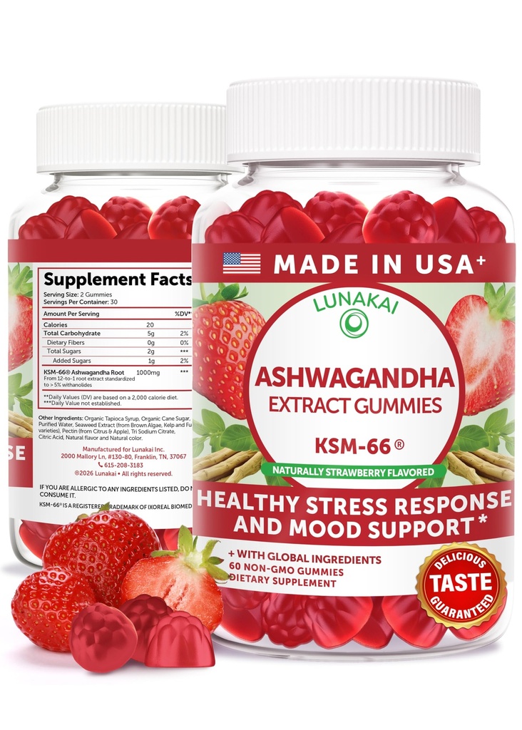 Lunakai USA Made KSM-66 Ashwagandha Gummies for Women & Men – Daily Vegan Supplement for Stress, Mood & Sleep Support, 60ct