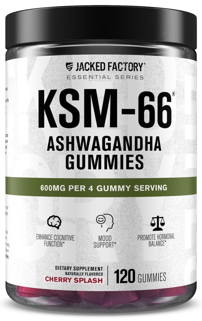 Jacked Factory Ashwagandha Gummies - KSM 66 Ashwagandha Gummies (600mg Per Serving) - Enhance Cognitive Function, Boost Mood, and Promote Hormonal Balance - 120 Gummies, Cherry Splash