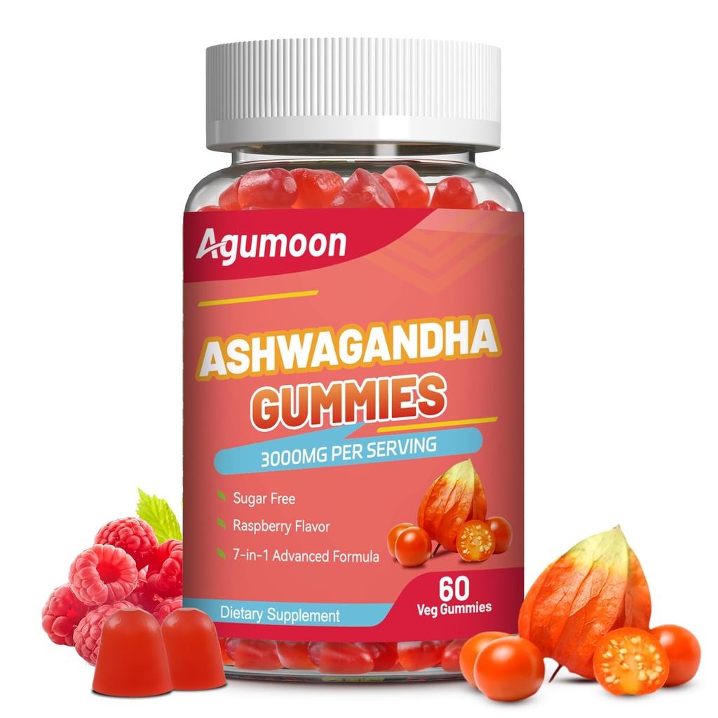 Ashwagandha Gummies 3000mg for Stress Relief, Calm & Relaxation Support with Magnesium & Vitamin D, Vegan, Gluten-Free, Natural Raspberry Flavor, 60 Count
