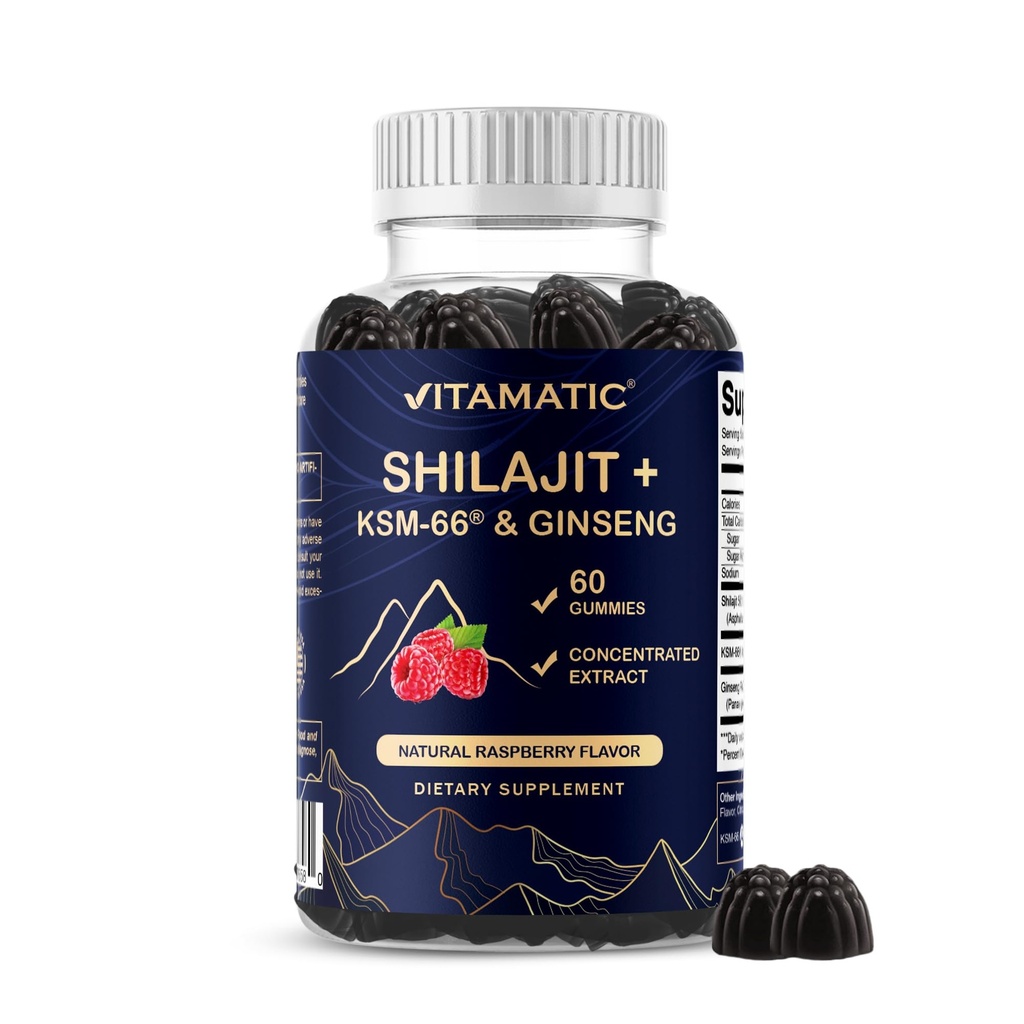 Vitamatic Shilajit with KSM-66® Ashwagandha & Ginseng Extract Gummies – Natural Raspberry Flavor – 60 Vegan Gummies - Made in USA