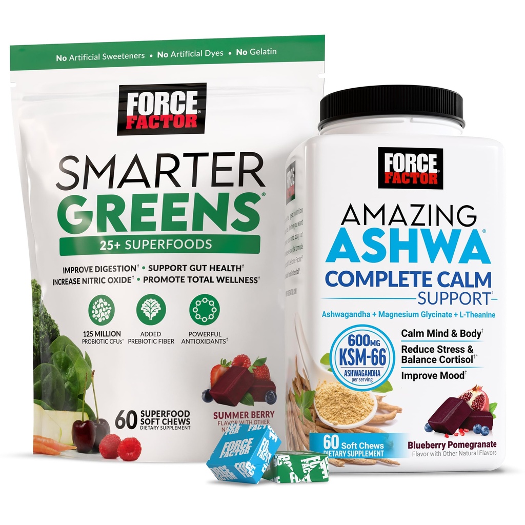 Force Factor Amazing Ashwa Complete Calm Support with KSM-66 Ashwagandha Smarter Greens Superfood Chews, Greens and Superfoods, 120 Chews