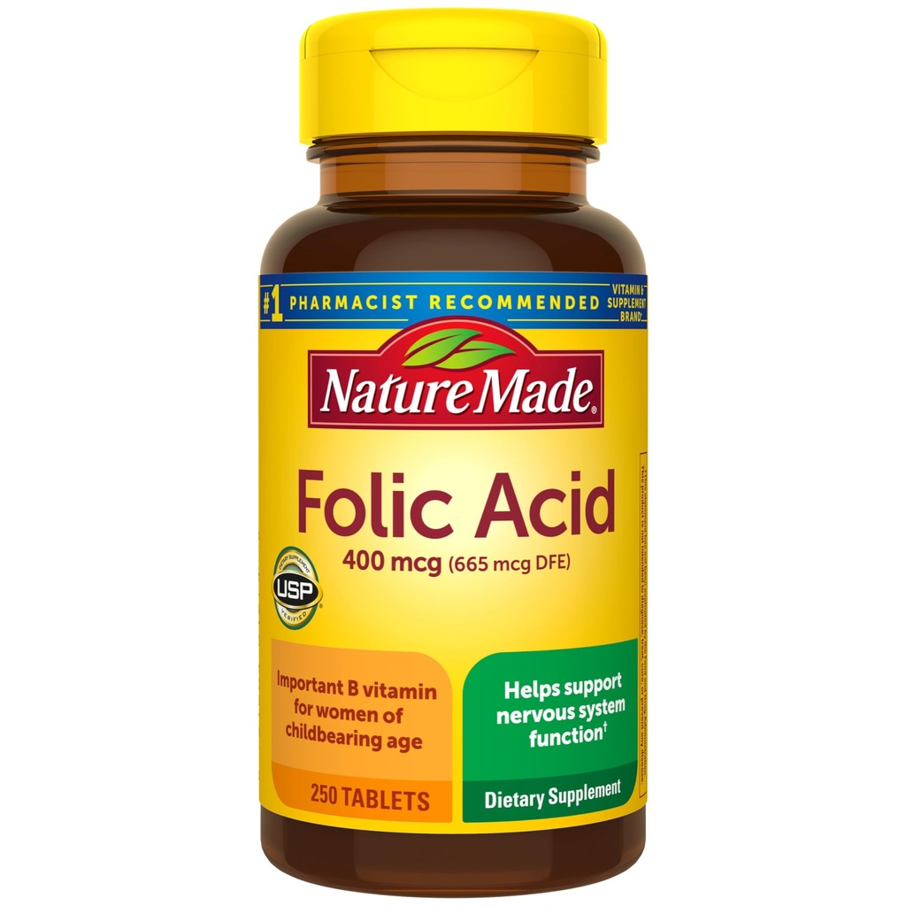 Nature Made Folic Acid 400 mcg (665 mcg DFE) Dietary Supplement for Nervous System Function, Folic Acid Supplements for Women and Men, 250 Tablets, 250 Day Supply