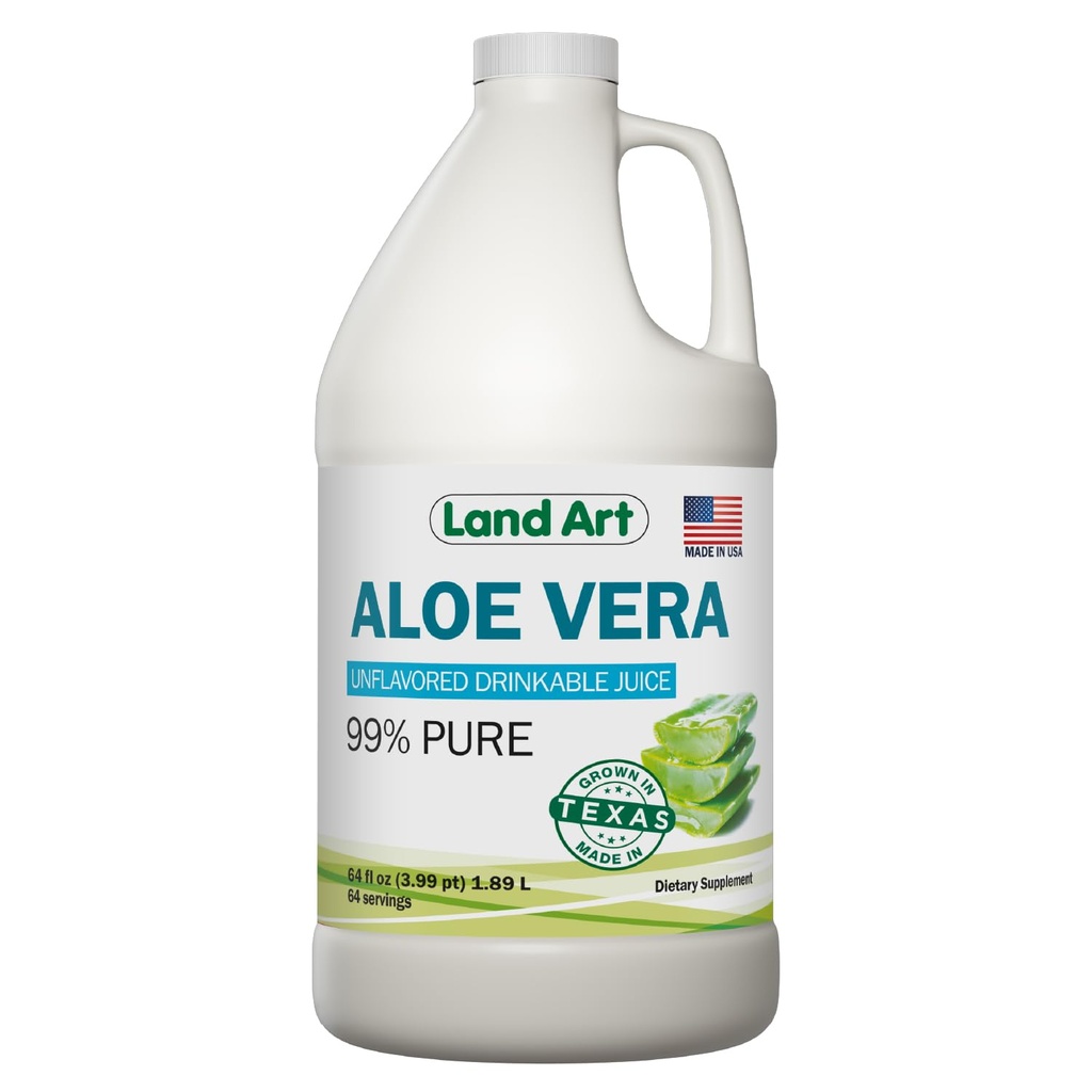 Τέχνη γης - Pure Aloe Vera Juice Unflaved – Ψυχρής παραγωγής - 99,7% Βιολογική Aloe Vera Εσωτερικό φιλέτο από φρέσκα φύλλα Τέξας – Digestive Υγεία, Detox και Φυσική ευεξία – 64 fl oz