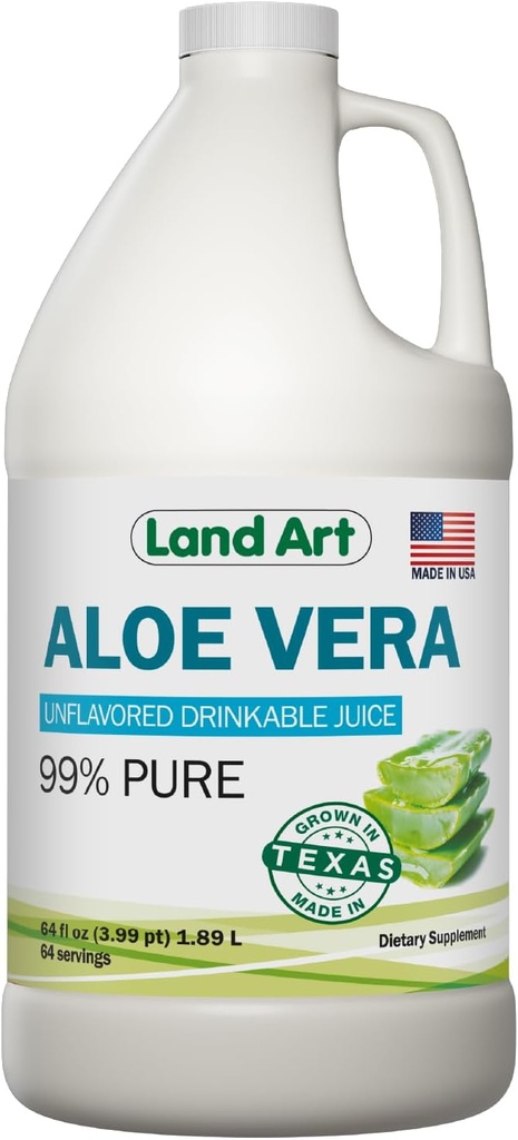Τέχνη γης - Pure Aloe Vera Juice Unflaved – Ψυχρής παραγωγής - 99,7% Βιολογική Aloe Vera Εσωτερικό φιλέτο από φρέσκα φύλλα Τέξας – Digestive Υγεία, Detox και Φυσική ευεξία – 64 fl oz