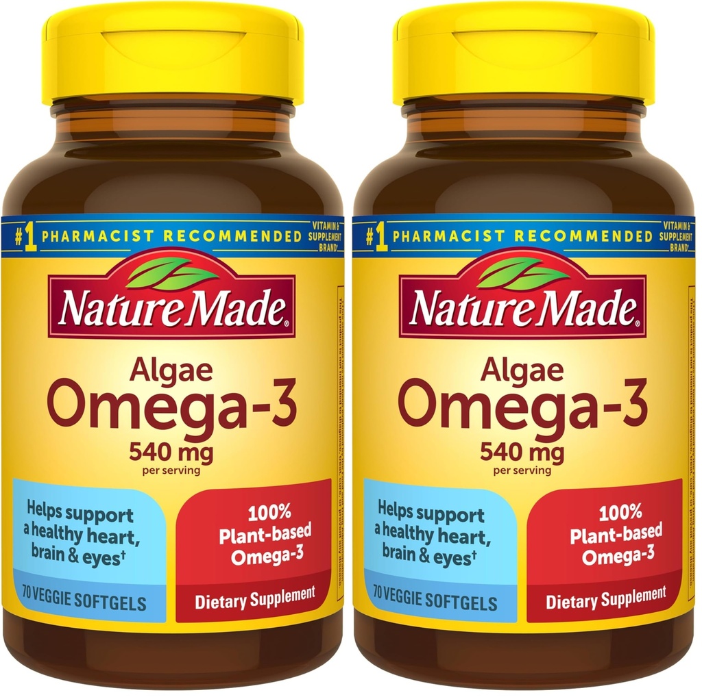 Nature Made Algae Oil Omega 3 Supplement 540mg, Omega 3 Fish Oil Alternative, 70 Veggie Softgels, Sustainable, Plant-Based, for Healthy Heart, Brain, and Eye Support, 70 Softgels,(Pack of 2)