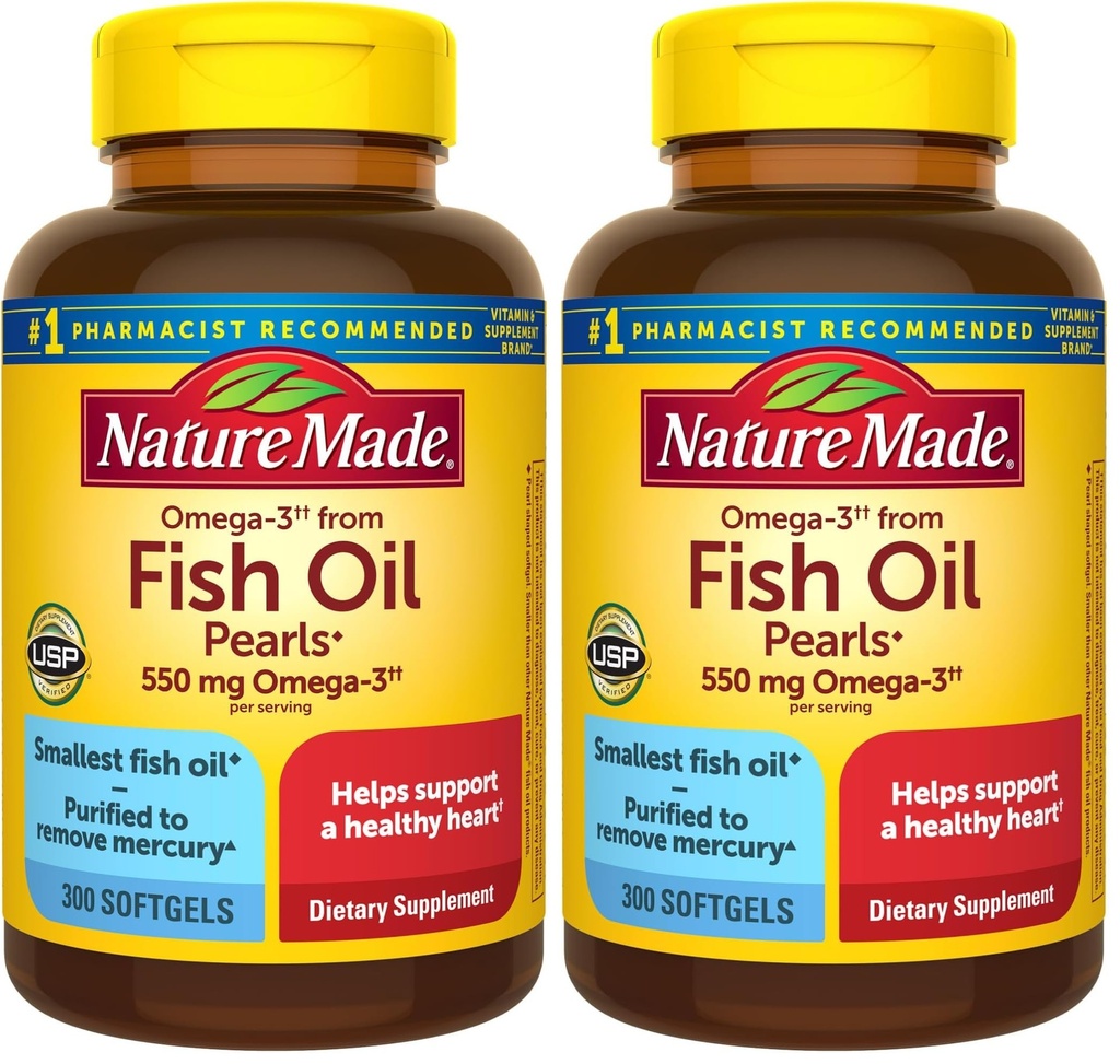 Nature Made Omega 3 Fish Oil Supplements,550mg Per Serving,Fish Oil Omega 3 Supplements as Ethyl Esters for Healthy Heart Support,300 Softgels,100 Day Supply,(Pack of 2)