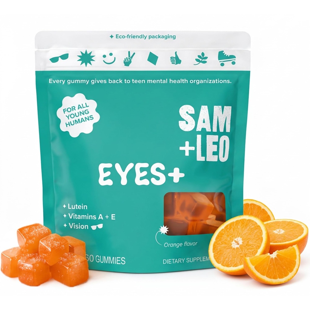 SAM+LEO Eye Vitamin Gummies with Lutein & Zeaxanthin for Kids & Teens - Eye & Vision Health Support Supplement Gummies + Vitamins A, E, & C | Vegan & Gluten Free Supplement - Orange Flavor (60 ct)