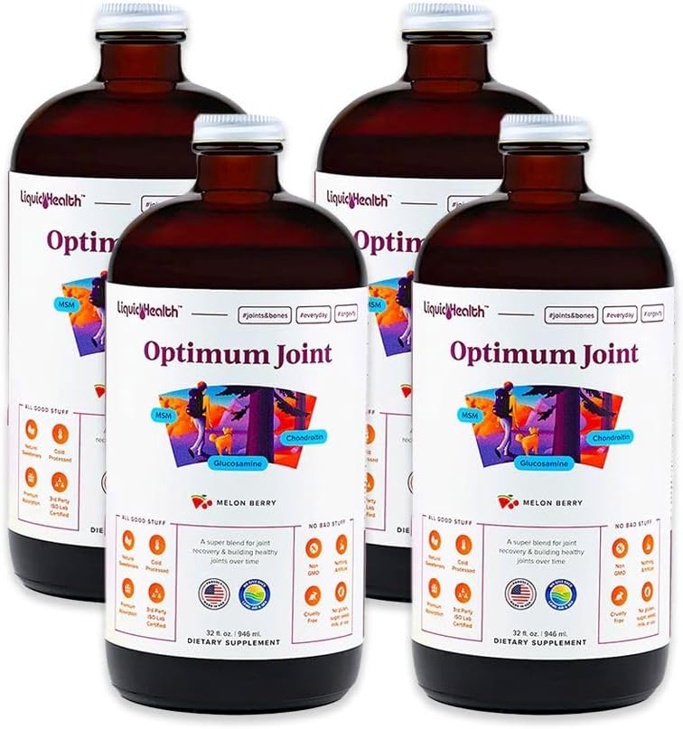LIQUIDHEALTH Optimum Κοινή Υποστήριξη Υγρή Πολυβιταμίνη με Γλυκοσαμίνη, Χονδροϊτίνη, MSM, Υαλουρονικό Οξύ - Αύξηση Κινητικότητας, Κοινής Άνεσης, για Δρομείς & Αθλητές - Made in USA, Vegan (4 Pack)