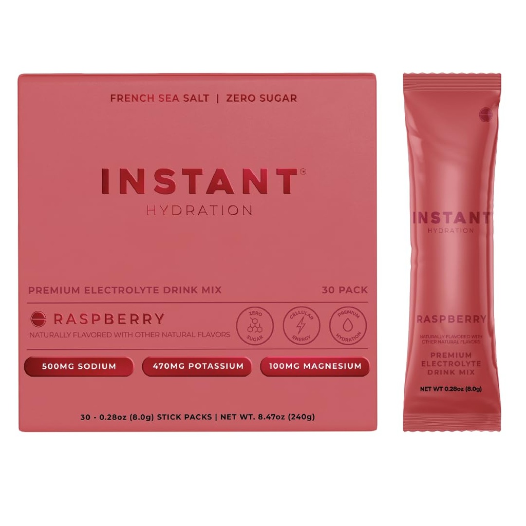 Instant Hydration Electrolytes Powder Packets - Raspberry Electrolyte Drink Mix - Zero Sugar - Keto, Vegan, Gluten-Free, Non-GMO - Boost Recovery, Brain Health, Muscle & Tissue Support- 30 Sticks