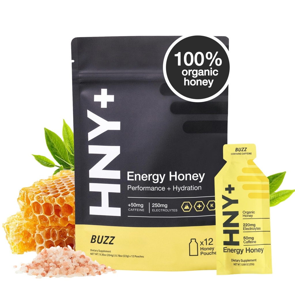 HNY+ Buzz Organic Honey Energy Gel with Electrolytes, Magnesium, Sea Salt, Potassium & Green Tea Caffeine, Workout Gels for Gym, Running & Hiking, Gluten Free & Vegan, 50mg Caffeine, 12 Pack