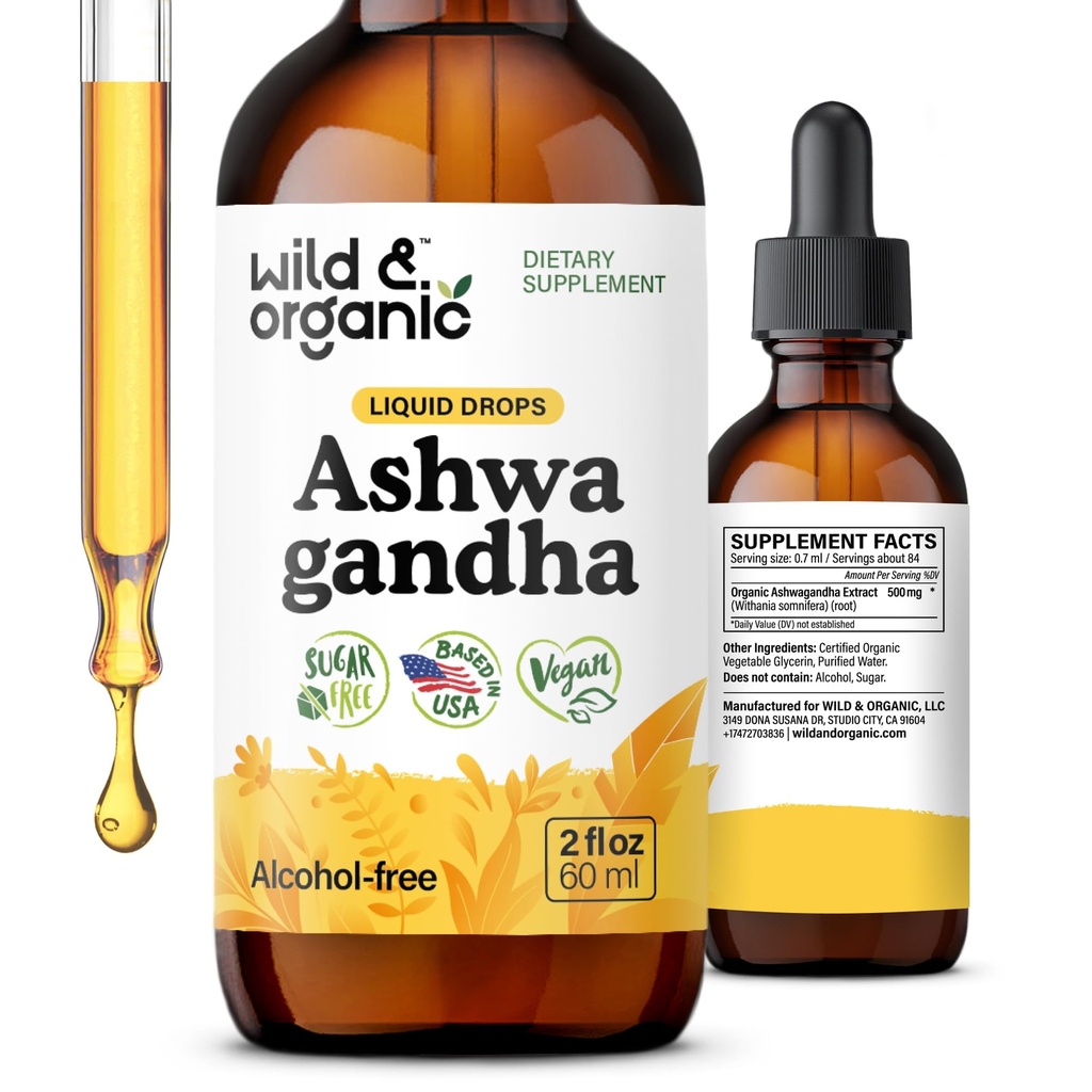 Wild & Organic Ashwagandha Liquid Drops - Calming Ashwagandha Root Extract for Relaxation - 1-Month Supply - Συμπληρώματα βοτάνων για γυναίκες και άνδρες - Vegan, Ζάχαρη & Αλκοόλ-ελεύθερο Βάμμα - 2 fl oz