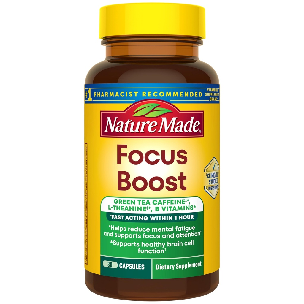 Nature Made Focus Boost Capsules, Green Tea Caffeine + L Theanine, B Vitamins, Fast Acting Focus Supplement, 30 Capsules, 30 Day Supply