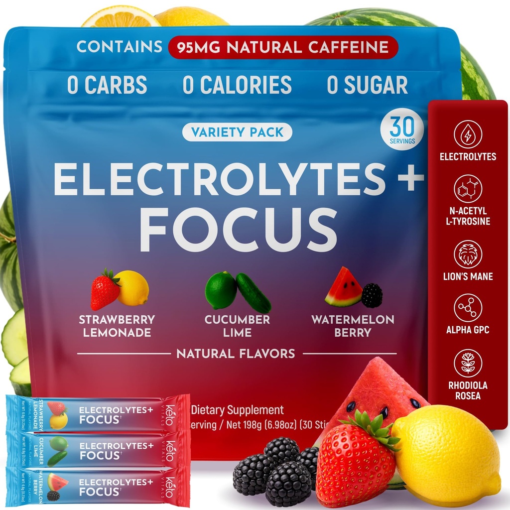 Keto Vitals Super Focus Drink Mix with Electrolytes & Caffeine Powder Packets - Nootropic Brain Support Supplement for Energy and Focus - Includes Lions Mane, L Tyrosine & Rhodiola - 30 Servings