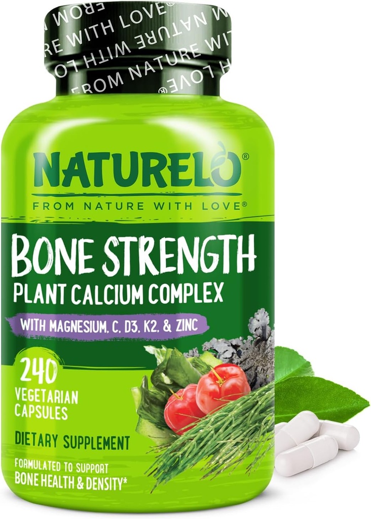 NATURELO Calcium Supplement - with Vitamin C, Vitamin D3, K2, and Calcium Magnesium Zinc for Bone Strength with Calcium 600mg - Plant-Based, 240 Vegetarian Capsules, Non-GMO, Soy & Gluten-Free