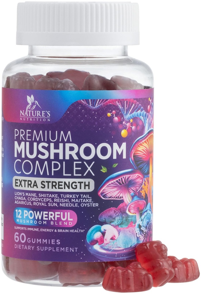 Mushroom Gummies Supplement 12 in 1 - High Grade Blend for Adults with Lions Mane, Reishi, Cordyceps, & Chaga Mushroom Complex Gummy, Memory & Immune Support & Nootropic Brain Supplements - 60 Gummies