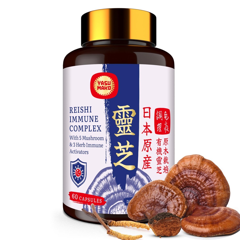 Japanese Reishi Mushroom Complex Supplement 1500mg - Reishi,Chaga,Cordyceps,Lion's Mane,Maitake,Agaricus Mushrooms Extract & 3 Herb,Organic Mushroom Capsules for Immune,Brain,Energy (Pack of 1)