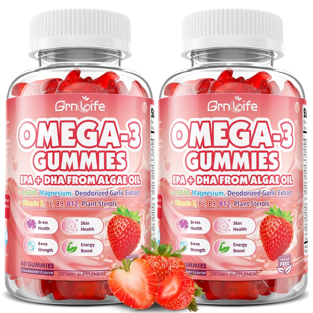2 Pack Vegan Omega 3 Gummies 1000mg+CoQ10+Magnesium - w/Algae EPA 600mg & DHA 400mg, Fish Oil Omega-3 Supplements Alternative for Adults, for Brain, Eye, Immune Health, Strawberry Flavor, 120 Count