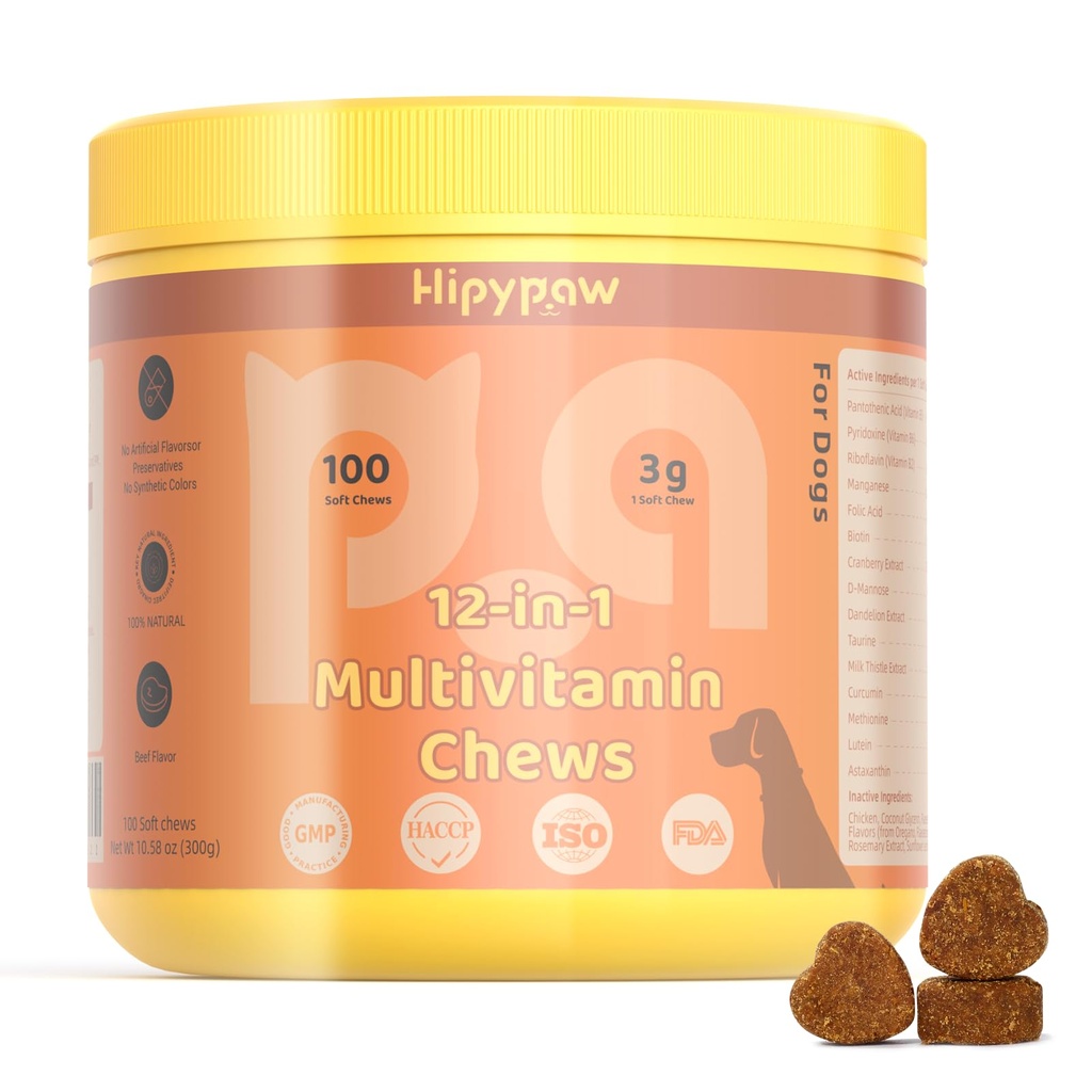 12-in-1 Dog Multivitamin Chewable: Dog Vitamins & Supplements with Chondroitin Glucosmine Probiotics Omega 3 Cod Liver Oil CoQ10 Astaxanthin for Joint Gut Heart Eye Brain Immune Support