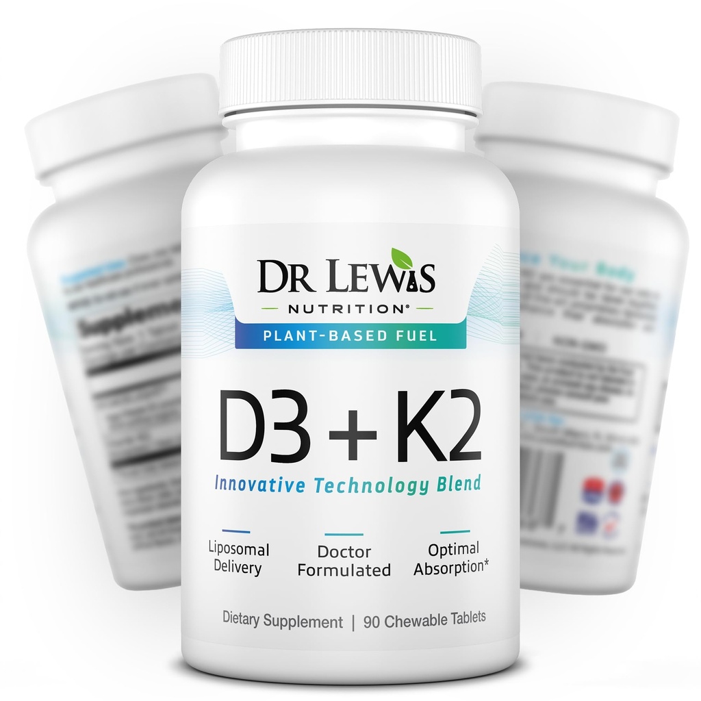 Liposomal Vitamins D3 + K2 Supplement Doctor Formulated Support for Heart, Brain, Bones, and Immune System Sourced from Plant Based Lichen and Natto - Gluten-Free, Non-GMO - 30 Chewable Vegan Tablets
