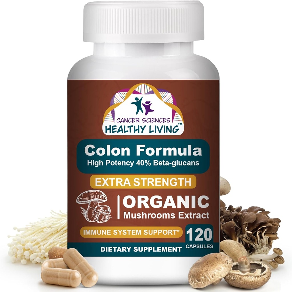 Cancer Sciences Colon Wellness Supplement, USDA Certified Organic Mushrooms Extra Strength 1.500 mg, Υψηλή ισχύς 40% Beta-Glucans, Immune, Gut & Digestive, Colon Cleanse & Detox, 120 Caps