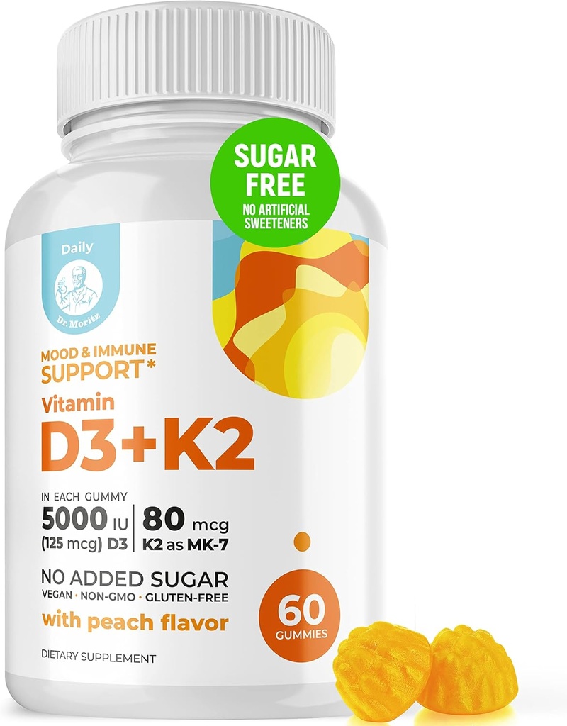 DR. MORITZ Βιταμίνη D3 Gummies (5000 IU) με K2 - για Ενήλικες και Παιδιά - Βιταμίνη D3 K2 Gummies για Ανοσολογική Υποστήριξη & Υγεία των Οστών - Vegan, Χωρίς Ζάχαρη, Χωρίς Γλουτένη (60 Count)