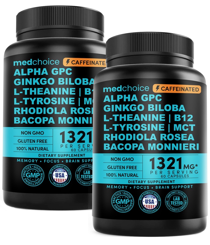 12-in-1 Nootropic Brain Supplement with Caffeine Anhydrous - Ginkgo Biloba for Brain Support, Memory, Focus - B12, Alpha GPC, L Theanine, Choline Supplements with Bioperine, 1321mg, (60ct, Pack of 2)