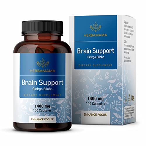 HERBAMAMA Brain Support Capsules - 1400mg Brain Support Supplement for Adults with Bacopa, Panax Ginseng and Ginkgo Biloba - Vegan, Non-GMO Focus Supplement, 100 Caps