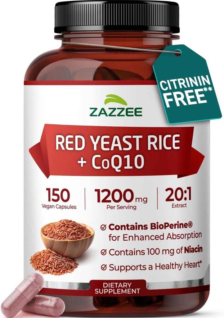 Extra Strength Red Yeast Rice with CoQ10 - 20X Concentrated 1200mg Red Yeast Rice Supplement with Niacin CoQ 10 and BioPerine for Enhanced Absorption - Non-GMO Vegan & ISO Lab Tested (75 Servings)