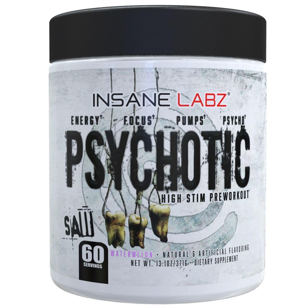 Insane Labz Psychotic Saw, High Stim Pre Workout Powder with OxyGold­™ and AMPiberry®,Extreme Lasting Energy with Teacrine®,Focus with CognitIQ® and Endurance (60 Servings, Watermelon)