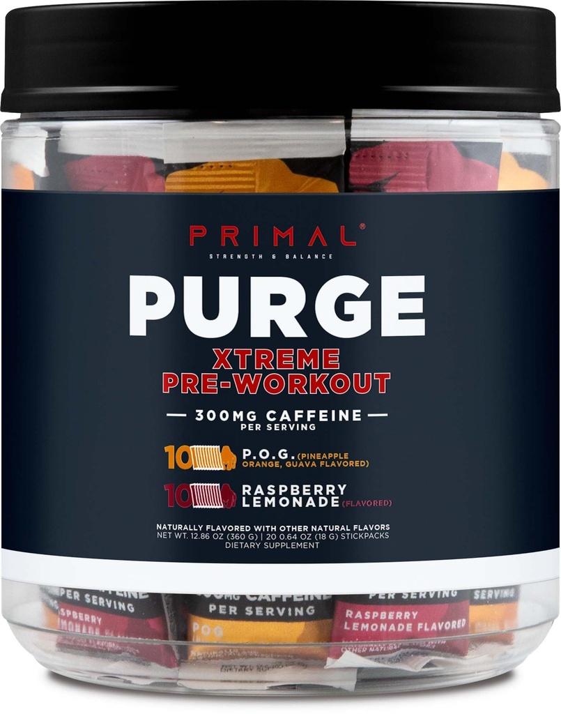 Primal Purge Xtreme Pre-Workout Variety Pack, Pineapple Orange Guava (POG) + Raspberry Lemonade Flavored (20 Stickpacks) - 300mg Caffeine Per Serving