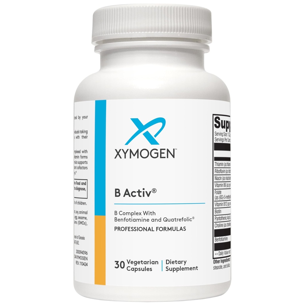 Xymogen Vitamin B Complex - B Activ - Ενεργές βιταμίνες Β με Μπενφοτιαμίνη και Quatrefolic - Υποστήριξη Αδρεναλική και Ανοσολογική Λειτουργία + Ένα Υγιές Καρδιαγγειακό και Νευρικό Σύστημα (30 Κάψουλες)