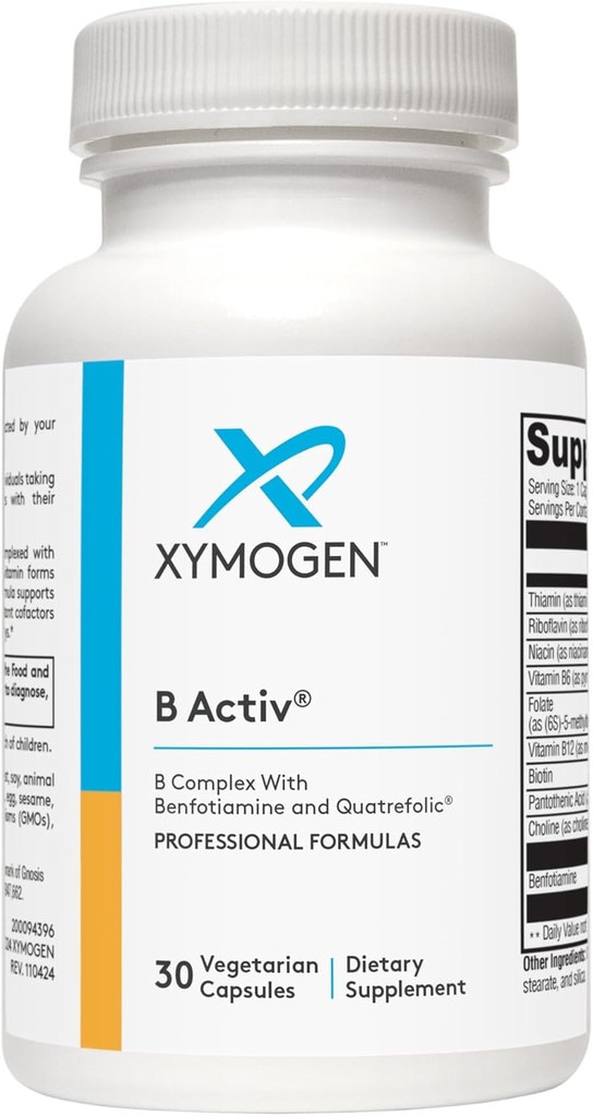 Xymogen Vitamin B Complex - B Activ - Ενεργές βιταμίνες Β με Μπενφοτιαμίνη και Quatrefolic - Υποστήριξη Αδρεναλική και Ανοσολογική Λειτουργία + Ένα Υγιές Καρδιαγγειακό και Νευρικό Σύστημα (30 Κάψουλες)