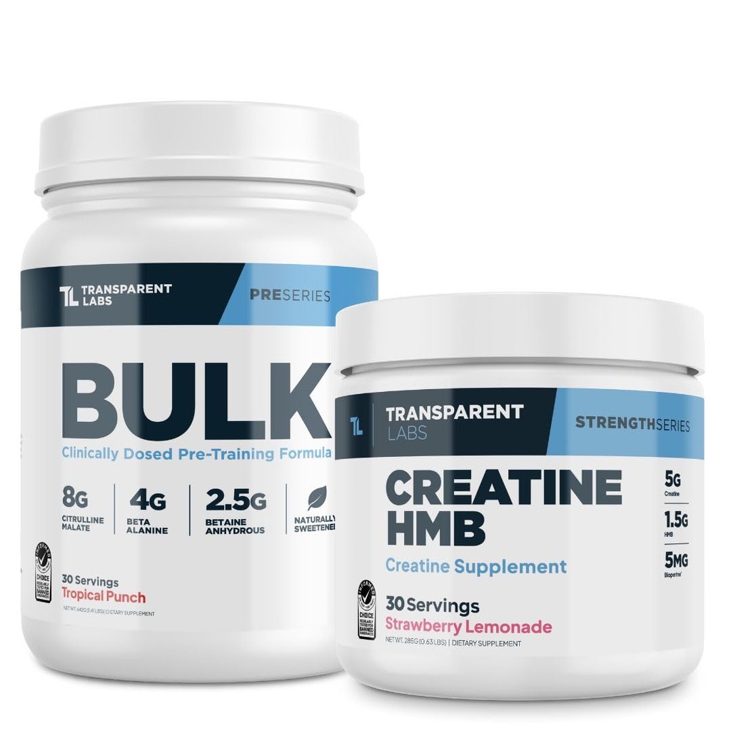 Transparent Labs Bulk Pre-Workout (30 Servings, Tropical Punch) & Creatine HMB (30 Servings, Strawberry Lemonade)