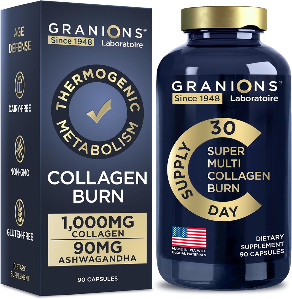 Granions Thermogenic Hydrolyzed Collagen Burn - Hyaluronic Acid, Vitamin C - Cellulite Defense and Dermal Repair Multi Collagen Peptides Capsules for Women and Men - 90 Pills