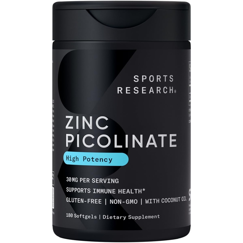 Sports Research High Potency Zinc Picolinate 30mg with Organic Coconut Oil | Highly Absorbable Zinc Supplement for Healthy Immune & Enzyme Function - Non-GMO Tested & Gluten-Free (180 Liquid Softgels)