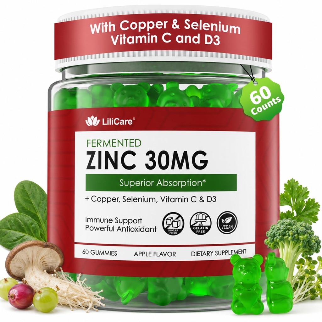 Zinc Gummies + Copper, Selenium, Vitamin C & D3, Fermented Zinc Supplements for Women & Men with Elderberry for Daily Immune Support, Powerful Antioxidant, Superior Absorption, Vegan, No Sugar, 60 Cts