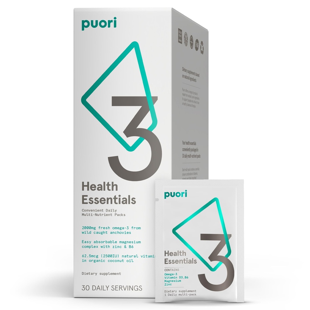 Puori P3 Health Essentials - Πολυβιταμίνες για άνδρες και γυναίκες - 30 Σερβιέτες - Ωμέγα 3, Βιταμίνη D, Μαγνήσιο, Ψευδάργυρος - Multi-Nutrient για εγκεφάλους και ενέργεια