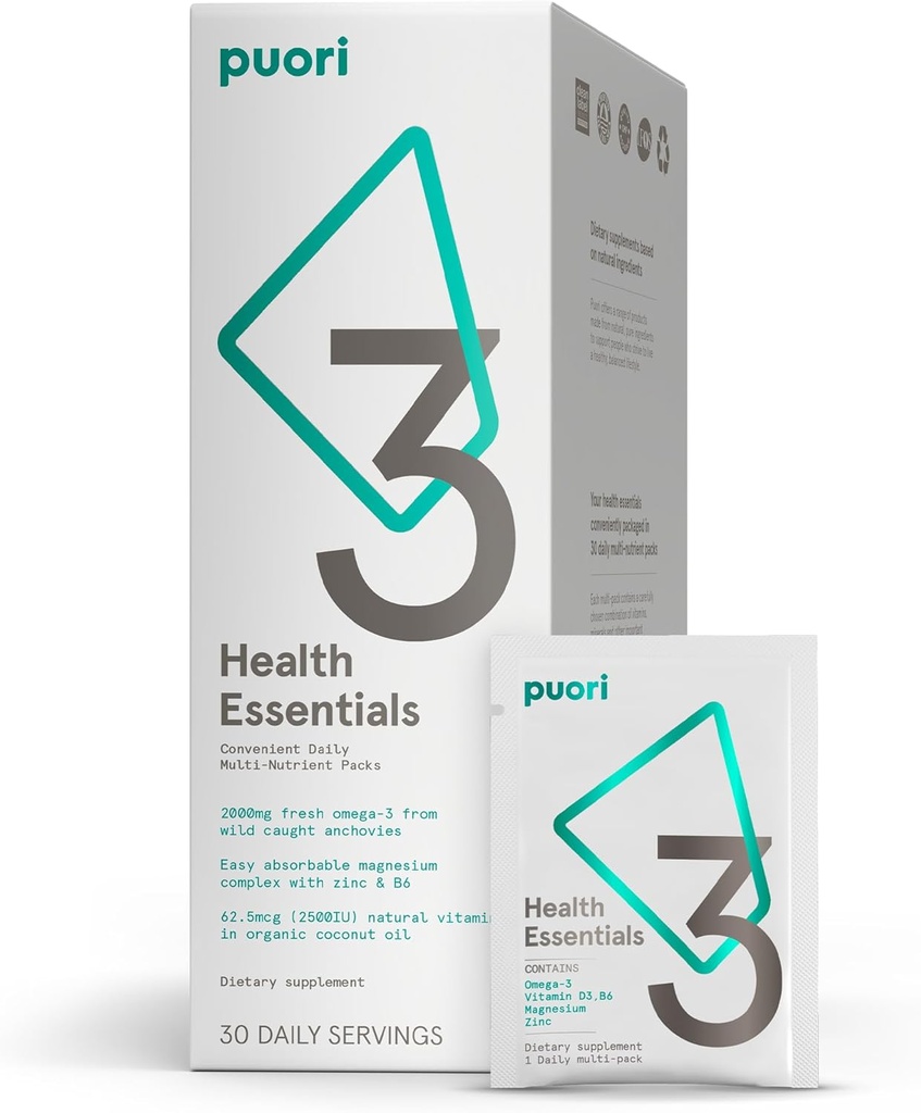Puori P3 Health Essentials - Multivitamins for Men and Women - 30 Servings - Omega 3, Vitamin D, Magnesium, Zinc - Multi-Nutrient for Brains and Energy