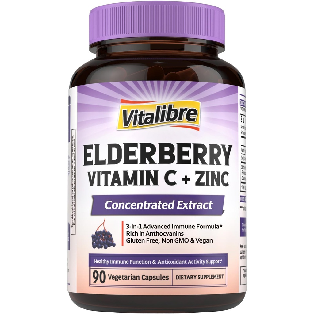 Vitalibre Elderberry Vitamin C and Zinc for Adults, Concentrated Elderberry Extract, Non GMO, No Gluten, Support Immune Health, 90 Vegan Capsules