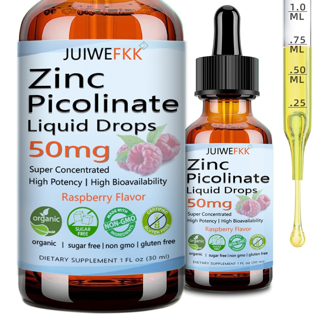 Zinc Picolinate 50mg Liquid Drops, Chelated Zinc Supplements for Men Women Kids Support Immune Skin Eye Health & Enzyme Function, Liquid Zinc Raspberry Flavor, Vegan Non GMO Gluten Free, 30 Servings