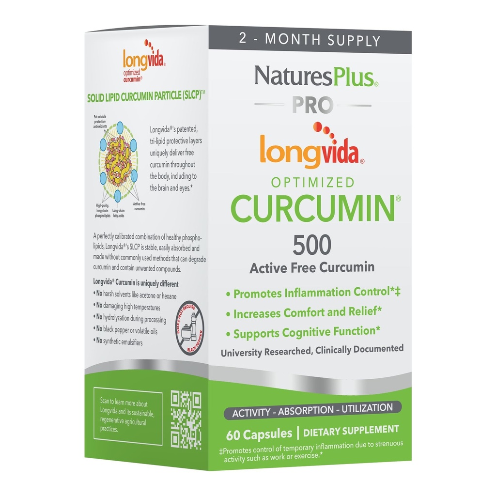 NaturesPlus PRO Longvida Curcumin 500 mg - 60 Κάψουλες - Προάγει την υγιή ελεύθερη Ριζοσπαστική Προστασία - Μη ΓΤΟ, Vegan & Gluten Free - 60 Υπηρεσίες
